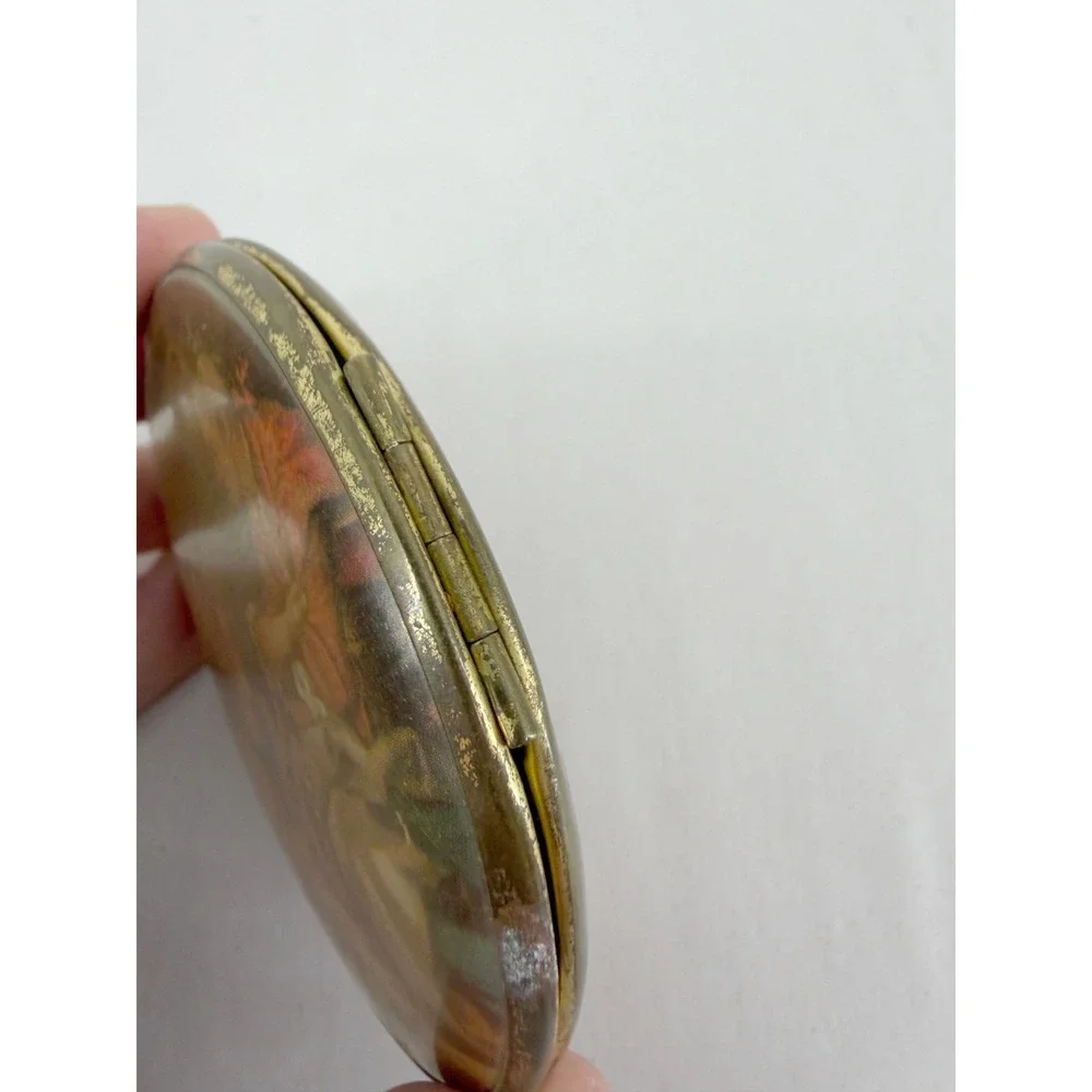 Vintage Gold Tone Round Double Compact Mirror Renaissance Fragonard Scene
